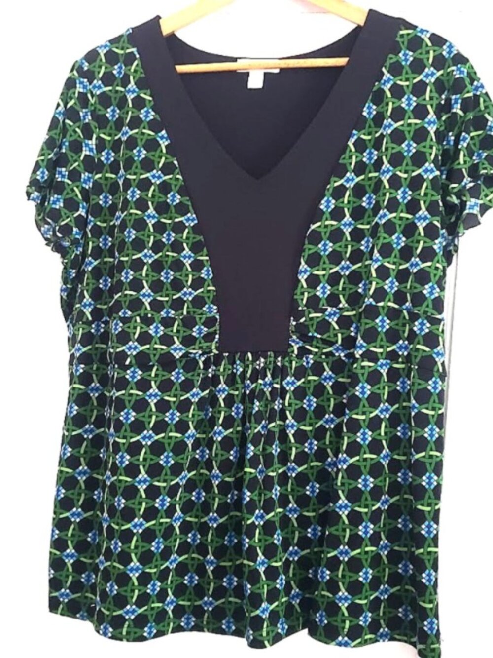Charter Club Black V-Neck Tunic with Green and Blue Geometric Print size XL New